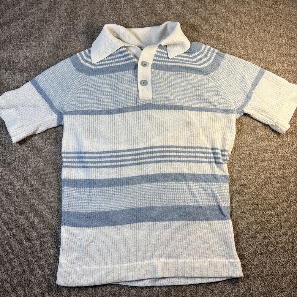 Vintage 70s JCPenney Knit Polo Shirt Blue White Striped Textured L Coastal
